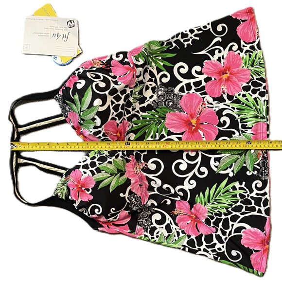 NWT FIT 4U WOMENS TANKINI Plus Sz 24W BLACK WHITE w PINK GREEN FLORAL PRINT 1143 - Picture 9 of 12